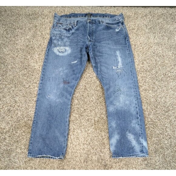 Polo Ralph Lauren Varick Slim Straight Jeans Mens 38x30 Blue Distressed Print